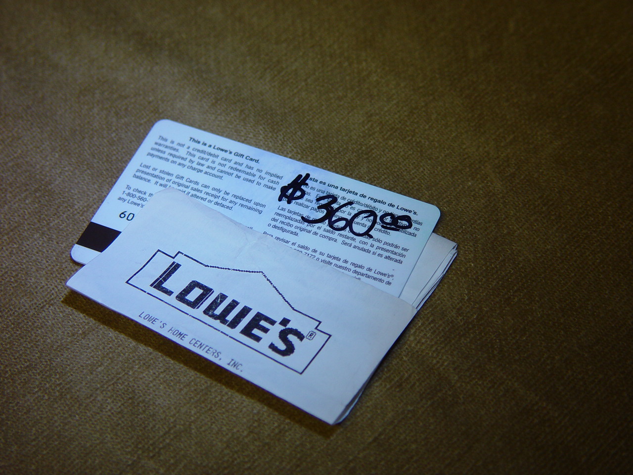 $360.00 LOWES MERCHANDISE GIFT CARD NR, FREE SHIPPING